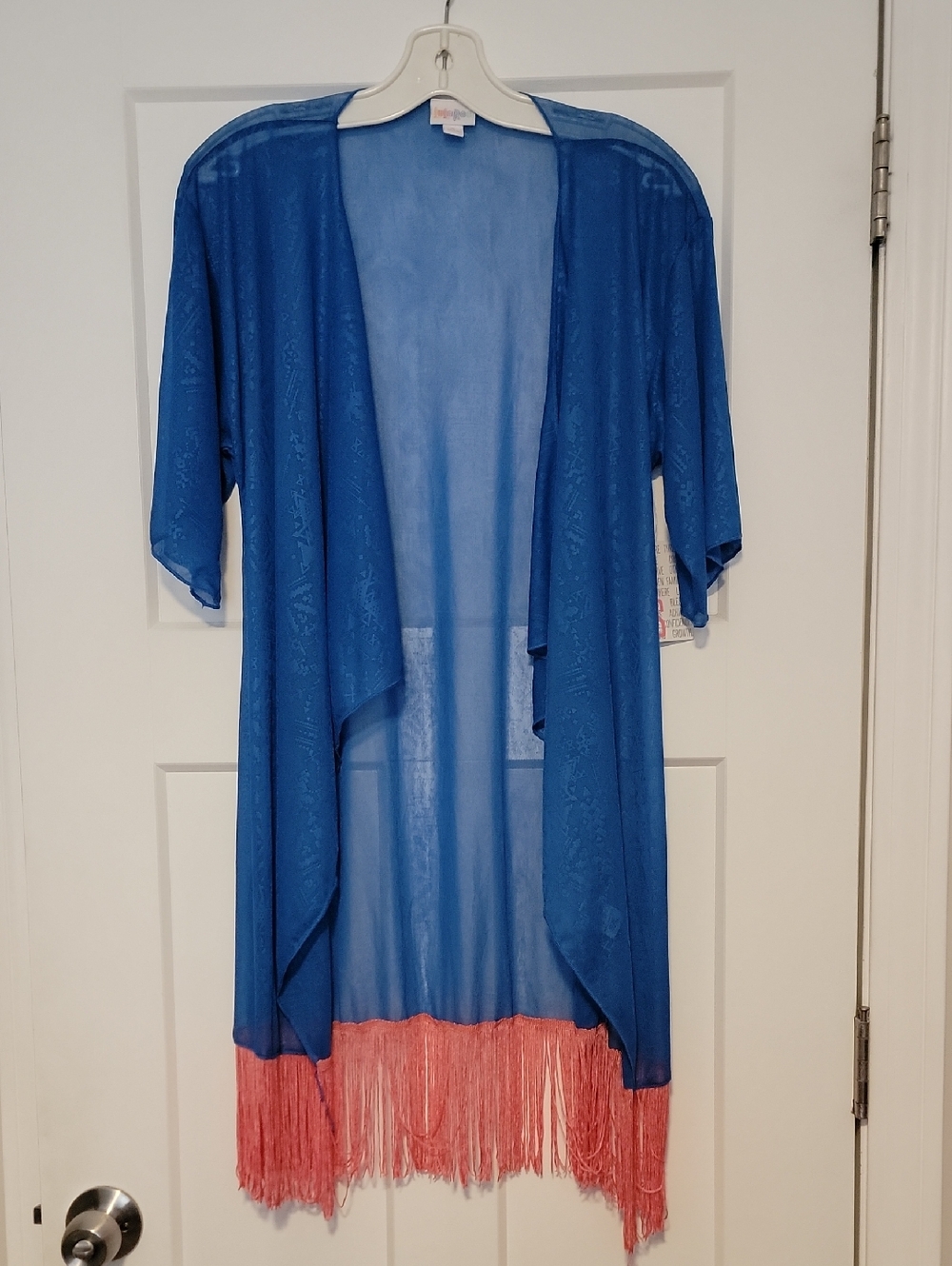 LuLaRoe Bright Blue Sheer Fringe Cardigan with Coral Accent